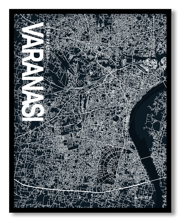 Varanasi Map Art, Dark Blue poster style, Ready to hang wall art