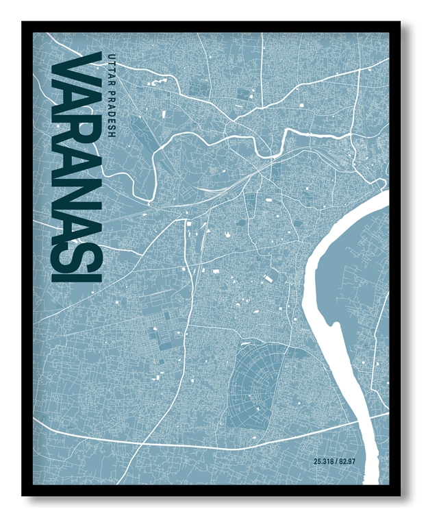 Varanasi Blue Map Art, Poster style, Framed & Ready to hang wall art