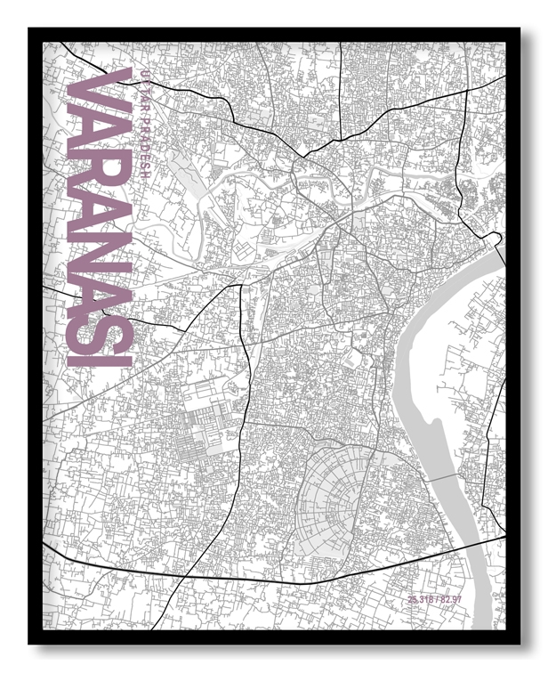 Varanasi White Map Art, Poster style, Framed & Ready to hang wall art
