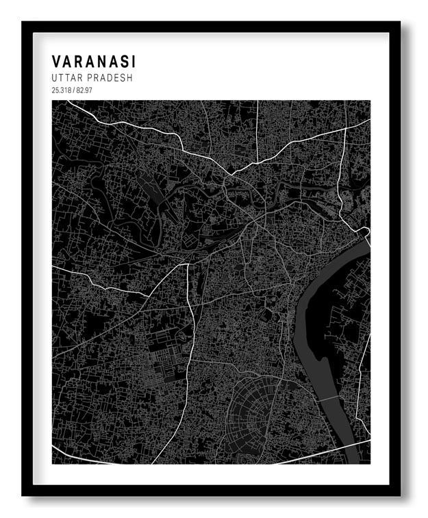 Pantone above black map of Varanasi