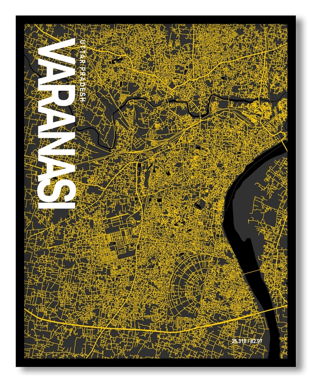 Varanasi Map Art, Yellow-Black, Poster style, Framed & Ready to hang wall art