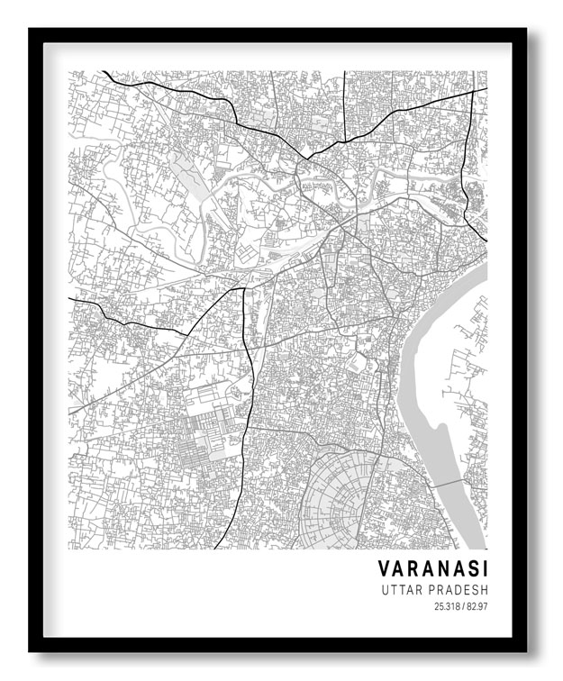 Pantone below white map of Varanasi