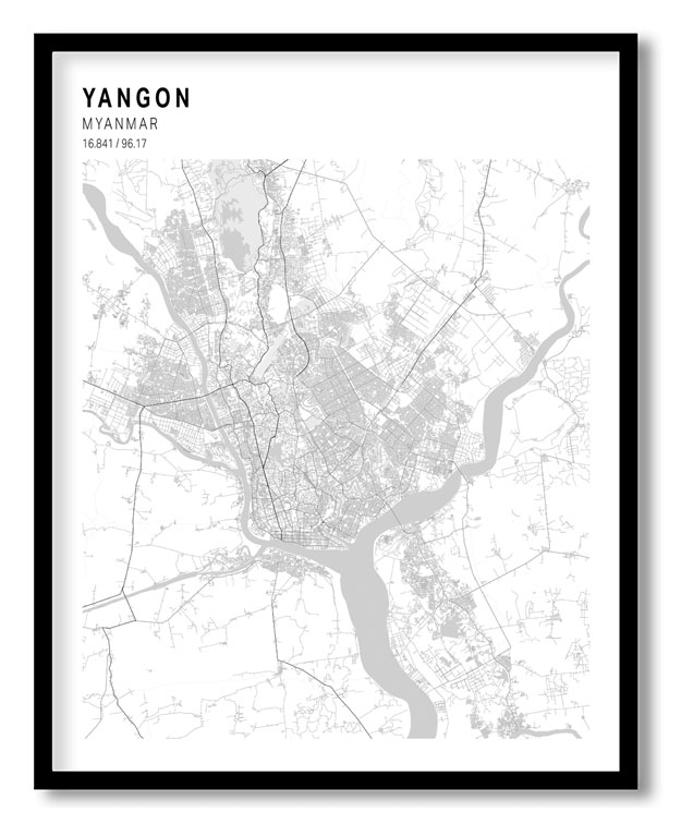 Pantone above white map of Yangon