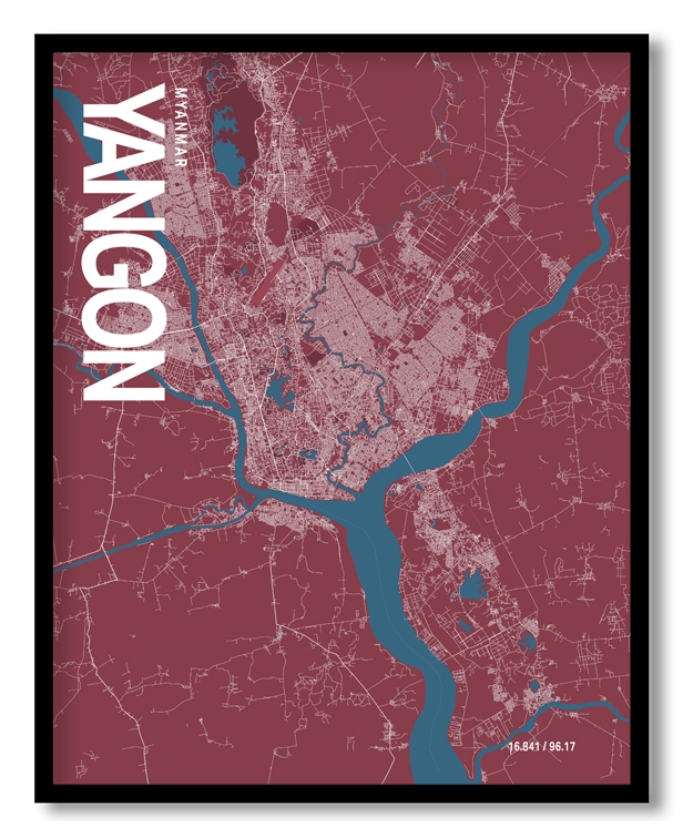 Yangon Map Art, Red & Blue, Ready to hang, Framed Wall art