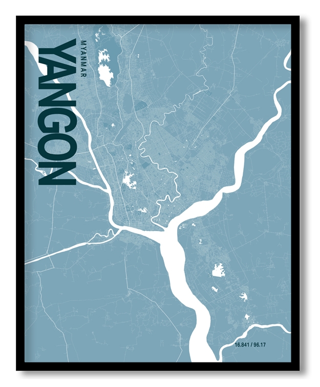 Yangon Blue Map Art, Poster style, Framed & Ready to hang wall art