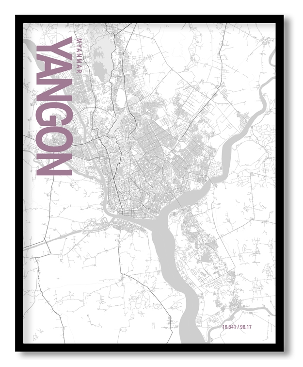 Yangon White Map Art, Poster style, Framed & Ready to hang wall art