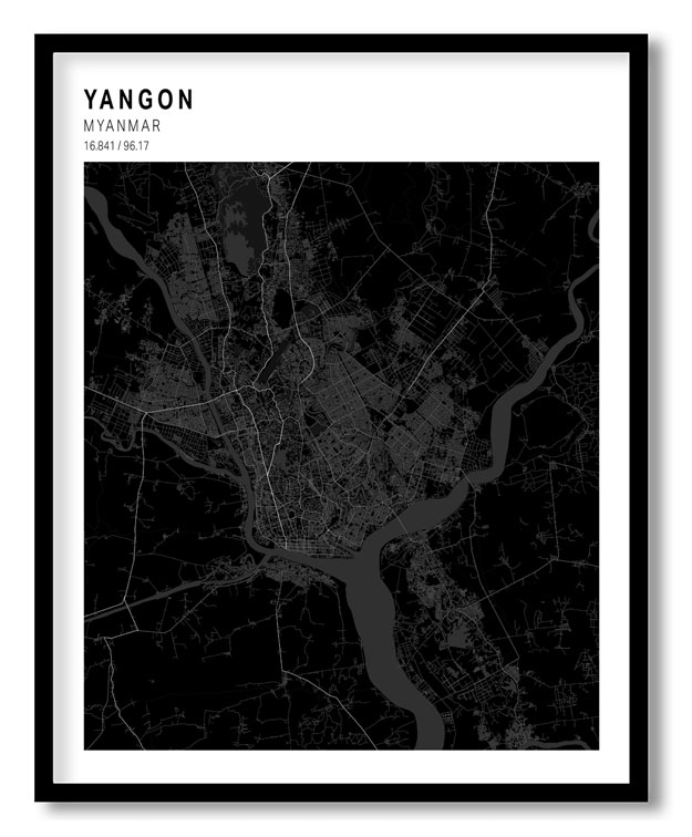 Pantone above black map of Yangon