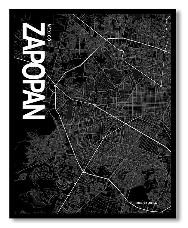 Zapopan Map Art, Black & White, Poster style framed wall art