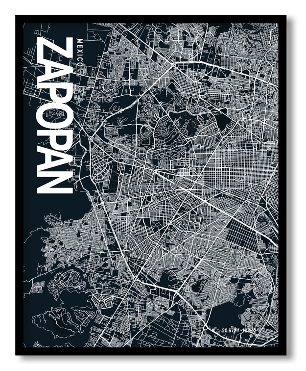 Zapopan Map Art, Dark Blue poster style, Ready to hang wall art