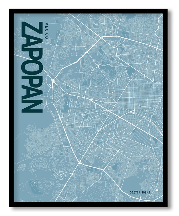 Zapopan Blue Map Art, Poster style, Framed & Ready to hang wall art