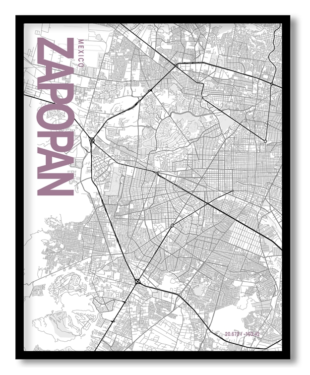 Zapopan White Map Art, Poster style, Framed & Ready to hang wall art