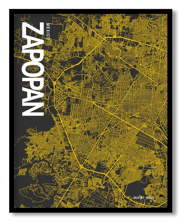 Zapopan Map Art, Yellow-Black, Poster style, Framed & Ready to hang wall art