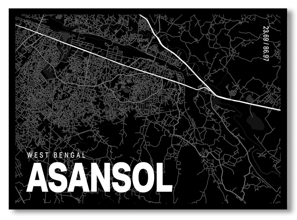Black poster map of asansol