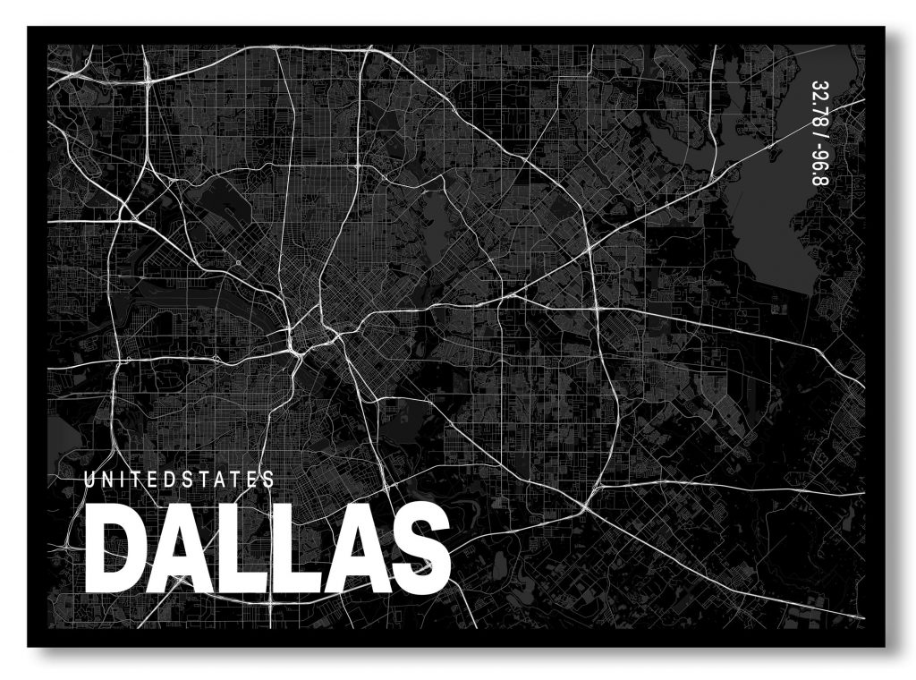 Black poster map of dallas