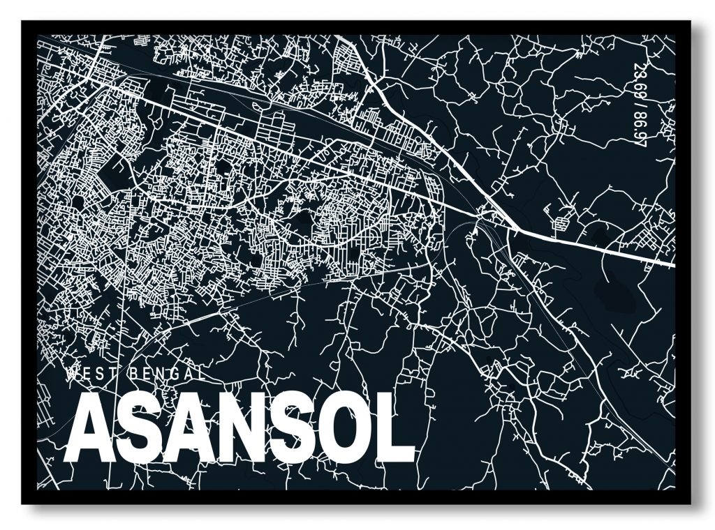 Blue poster map of asansol
