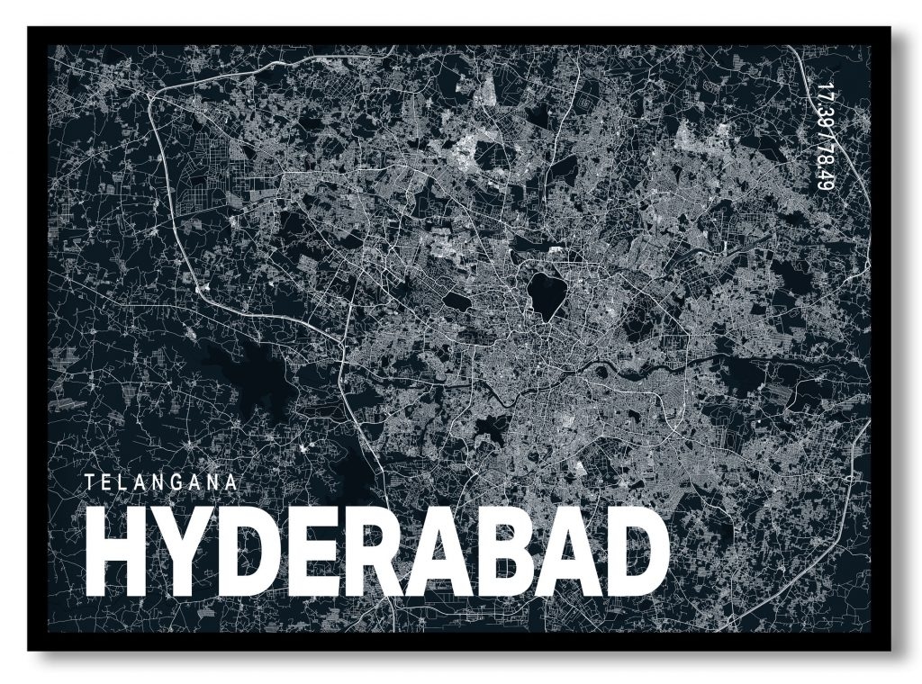 Blue poster map of hyderabad