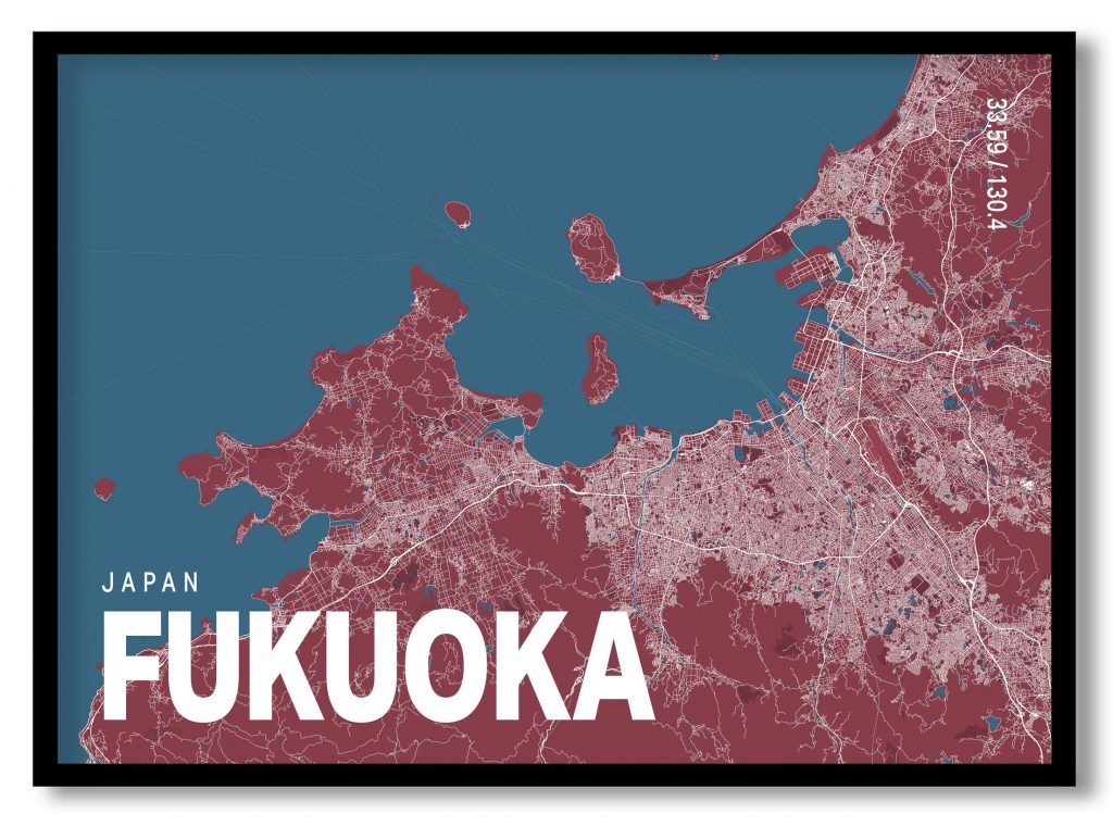 Red poster map of fukuoka