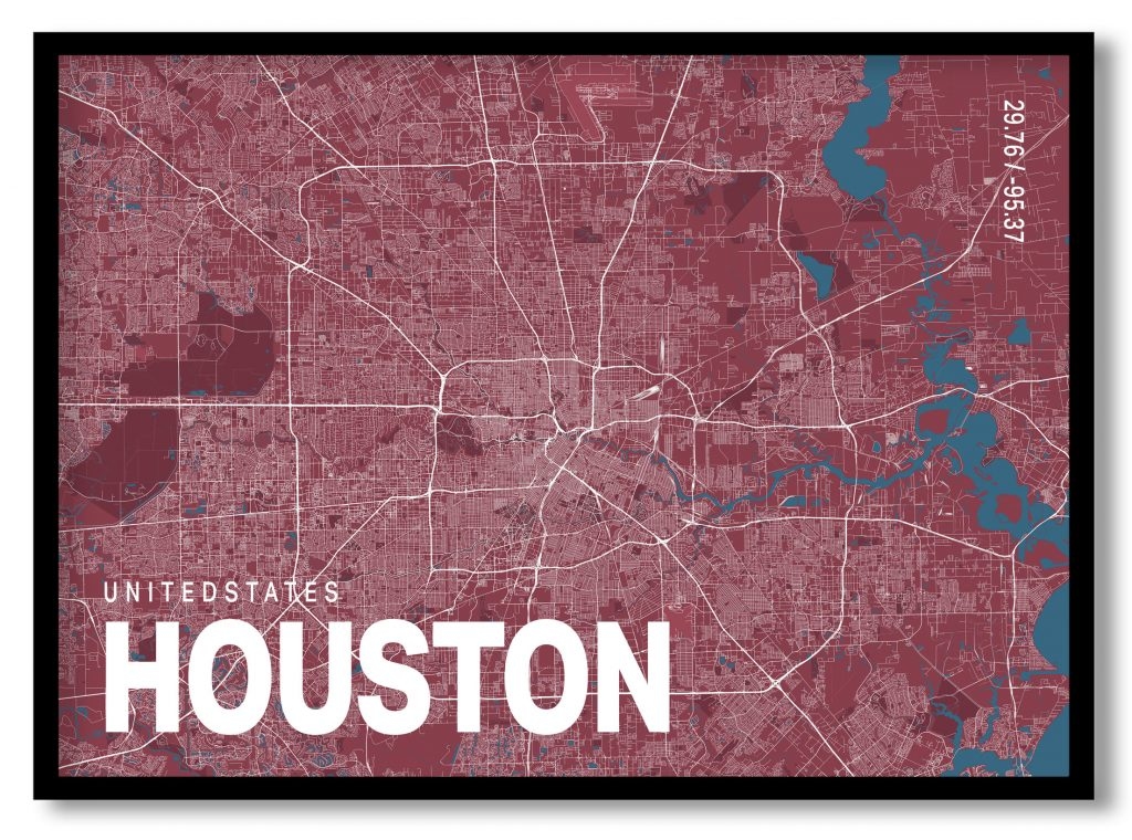 Red poster map of houston