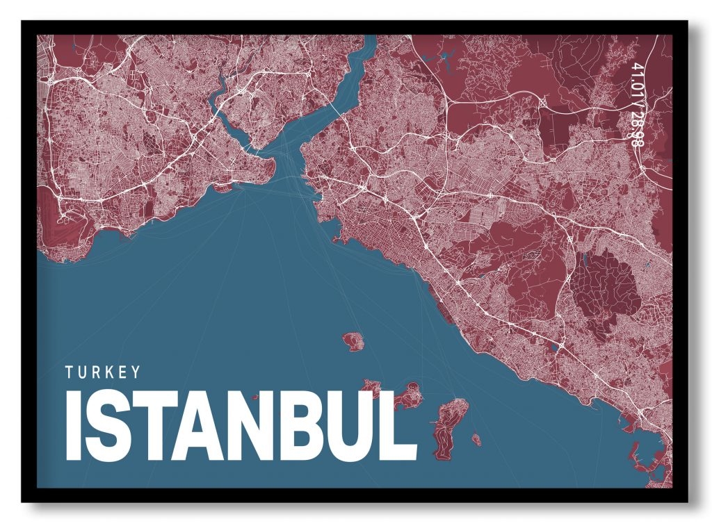 Red poster map of istanbul