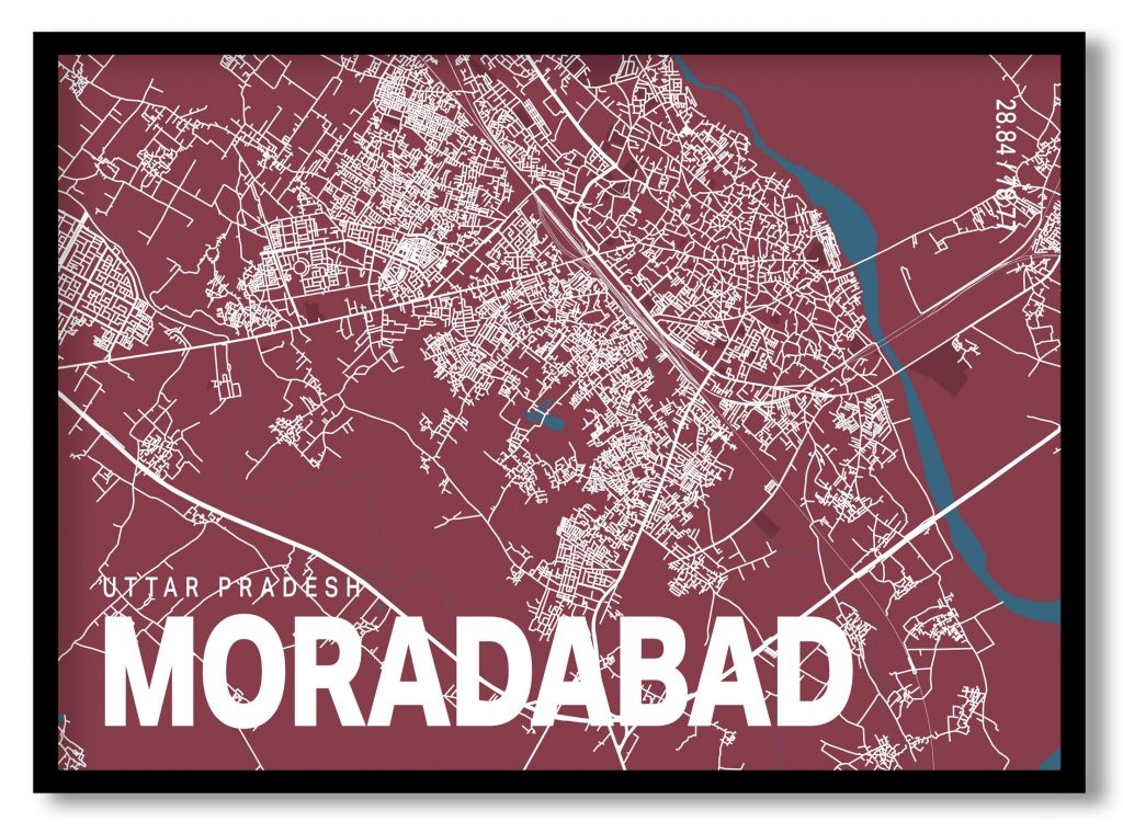 Red poster map of moradabad