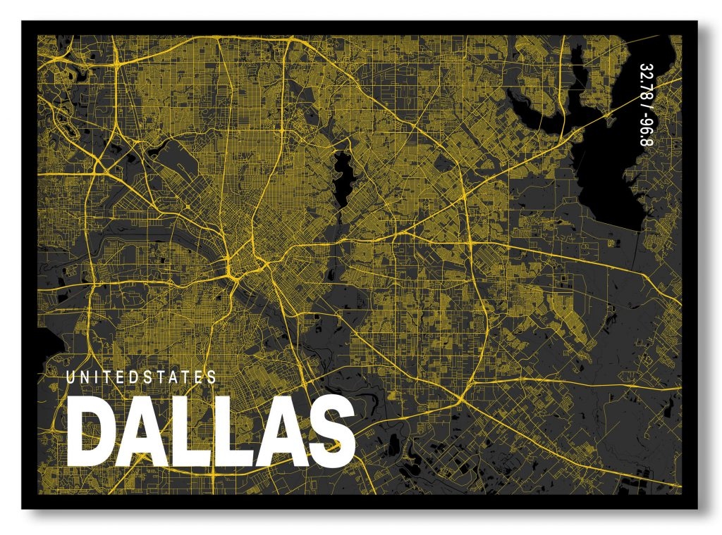 Yellow poster map of dallas