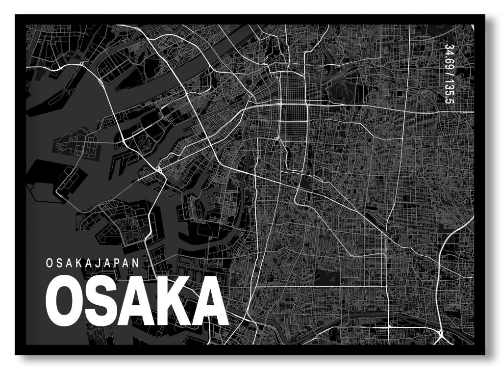 Black poster map of osaka