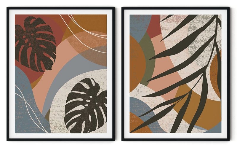 Set of 2 geometric elements tropical leaves botanical