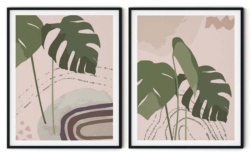 Set of 2 monstera elements leaves abstract