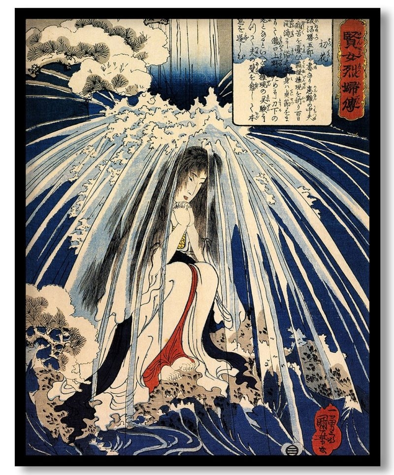 Hatsuhana doing penance under the Tonosawa waterfall by Utagawa Kuniyoshi