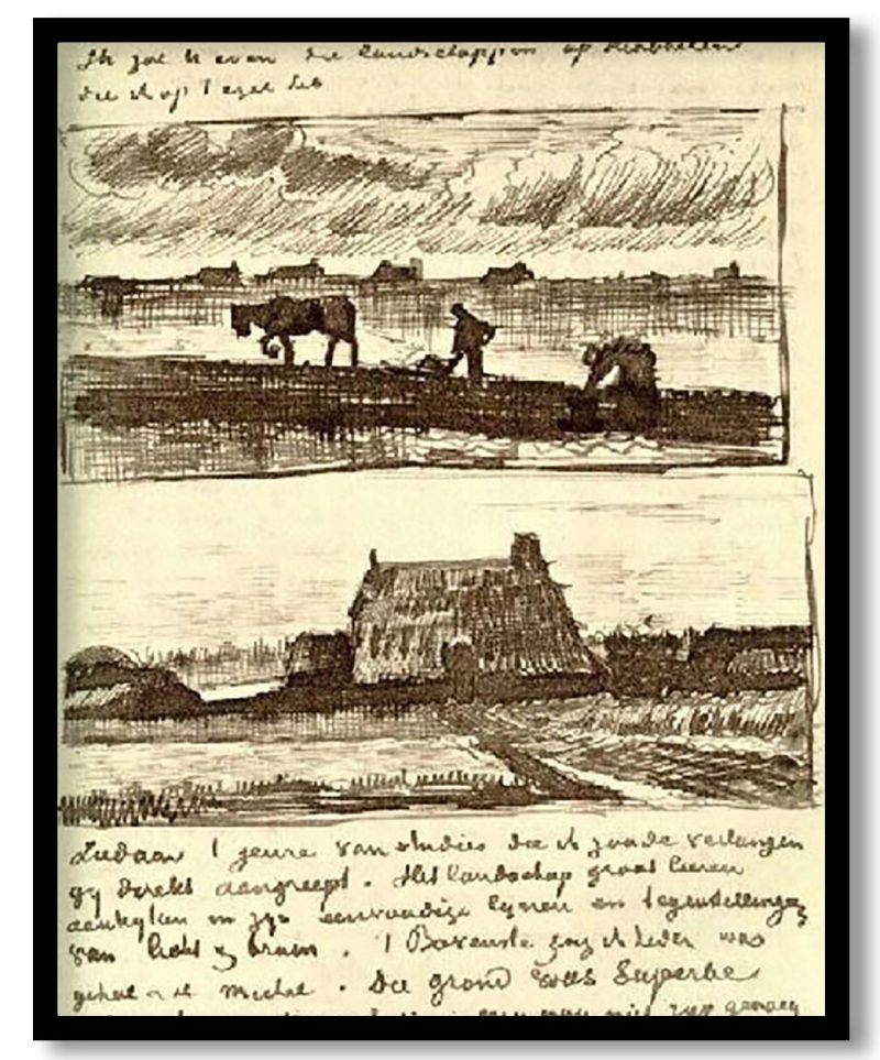 Plowman with Stooping Woman, and a Little Farmhouse with Piles of Peat by Vincent Van Gogh (1883)