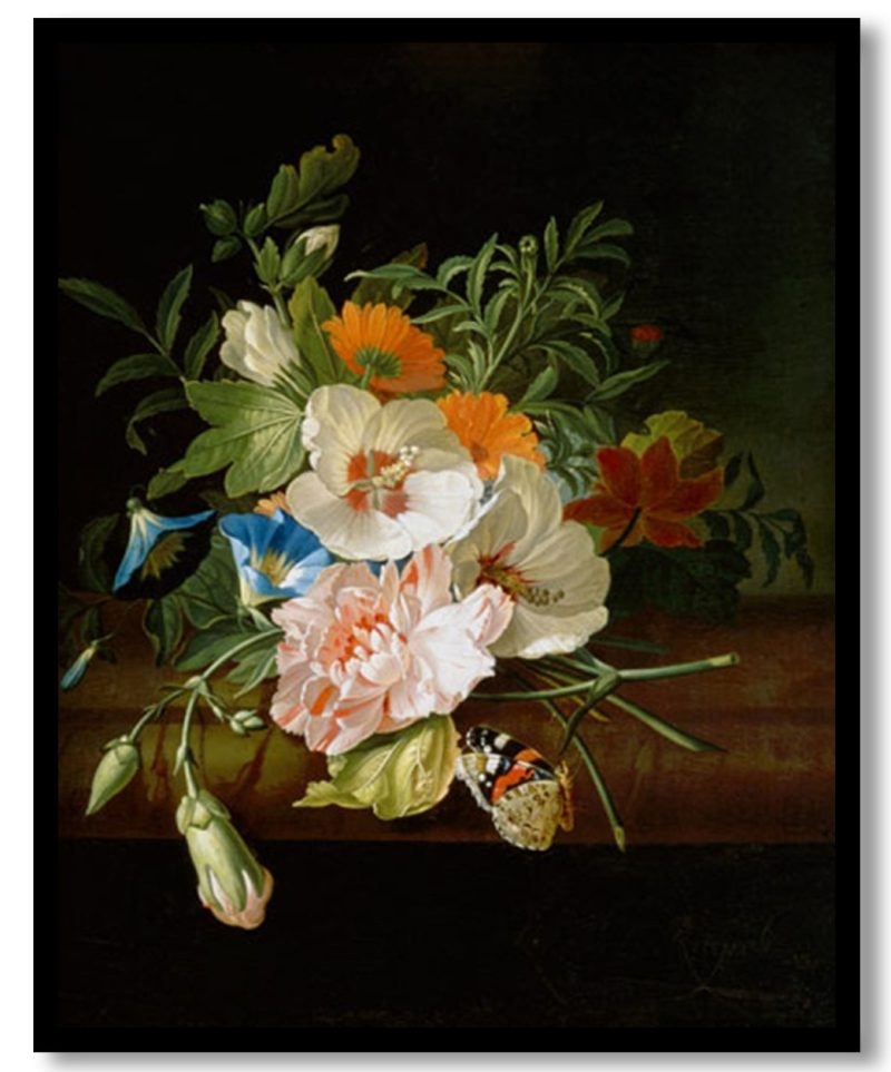 Posy of Flowers, with a Red Admiral Butterfly, on a Marble Ledge by Rachel Ruysch (1695)