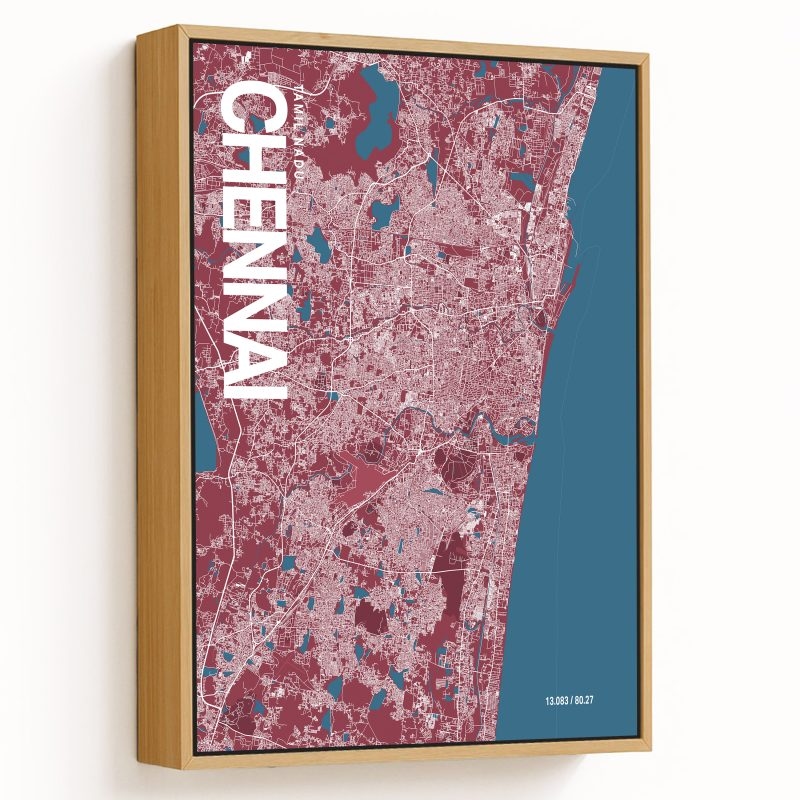 Chennai Map Art, Red & Blue, Ready to hang, Framed Wall art
