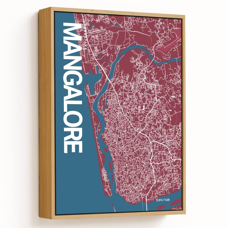 Mangalore Map Art, Red & Blue, Ready to hang, Framed Wall art