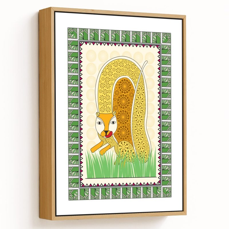 Feline Grace: A Serene Gond Artwork of a Cat. Gond cat painting, Indian folk art cat, Tribal cat artwork, Gond animal art, Wildlife Gond painting.