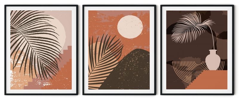 Set of 3 mid century modern leaf sun landscape