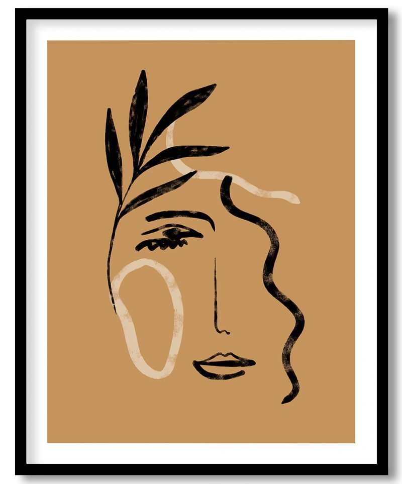 Abstract brushstroke face and leaf drawing