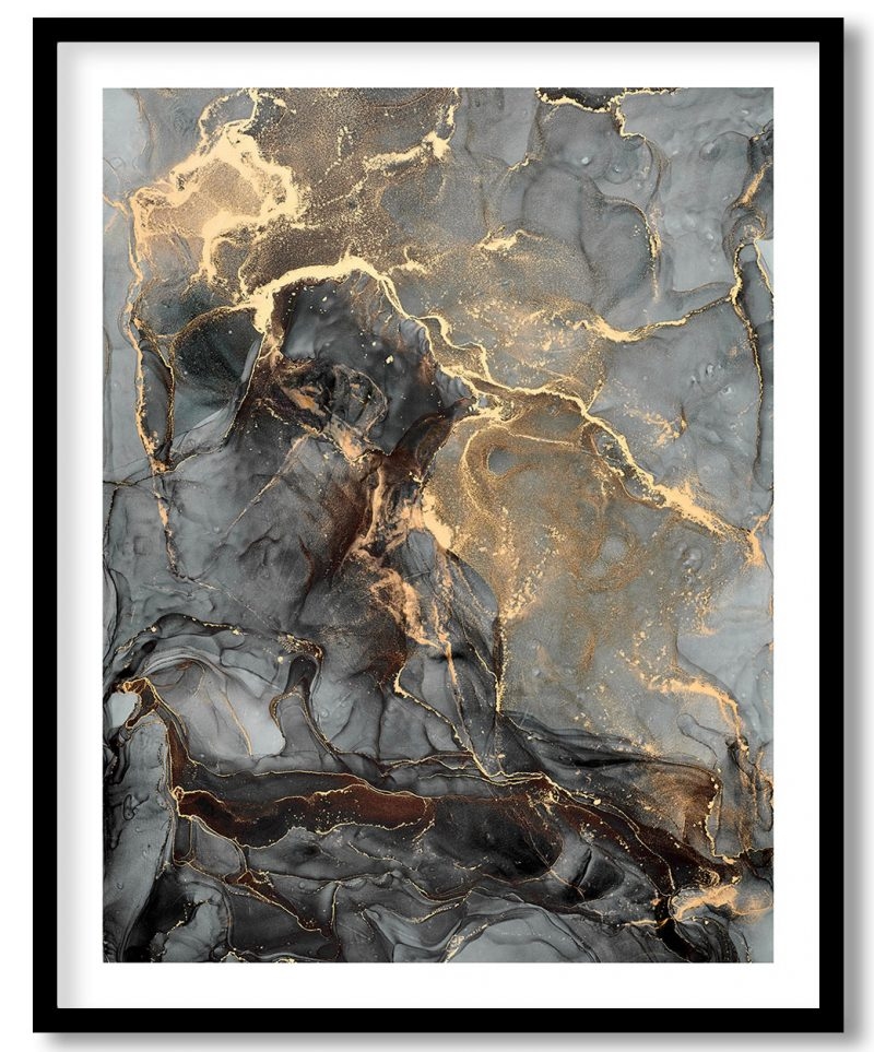 Dark gray fluid ink alcohol golden abstract painting