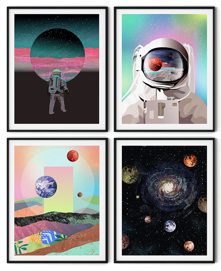 Set of 4 grunge astronaut in space landscape