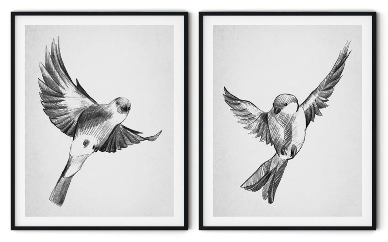 Set of 2 pencil sketch birds