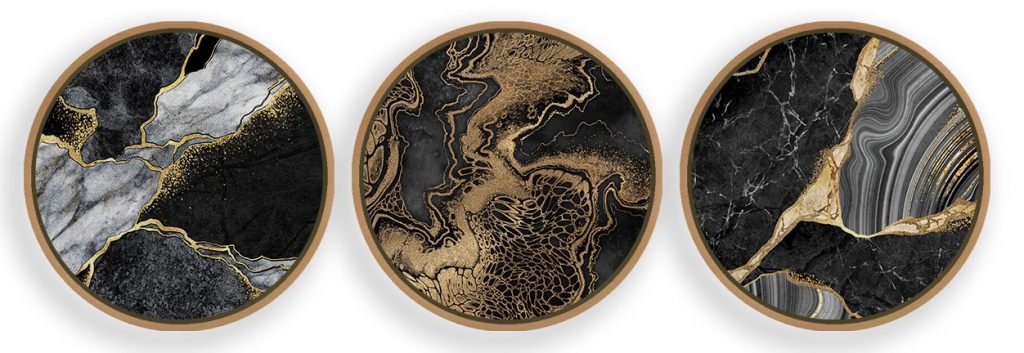 Set of 3 black marble golden veins abstract