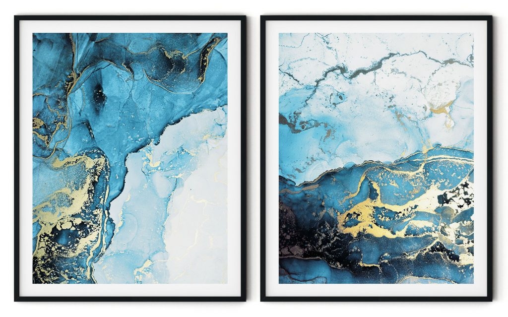 Set of 2 alcohol indigo gold stains abstract