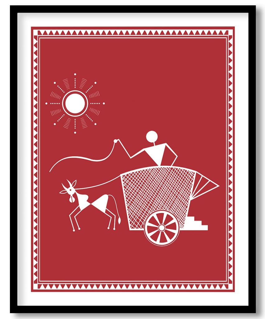 Warli painting of man with bullock cart