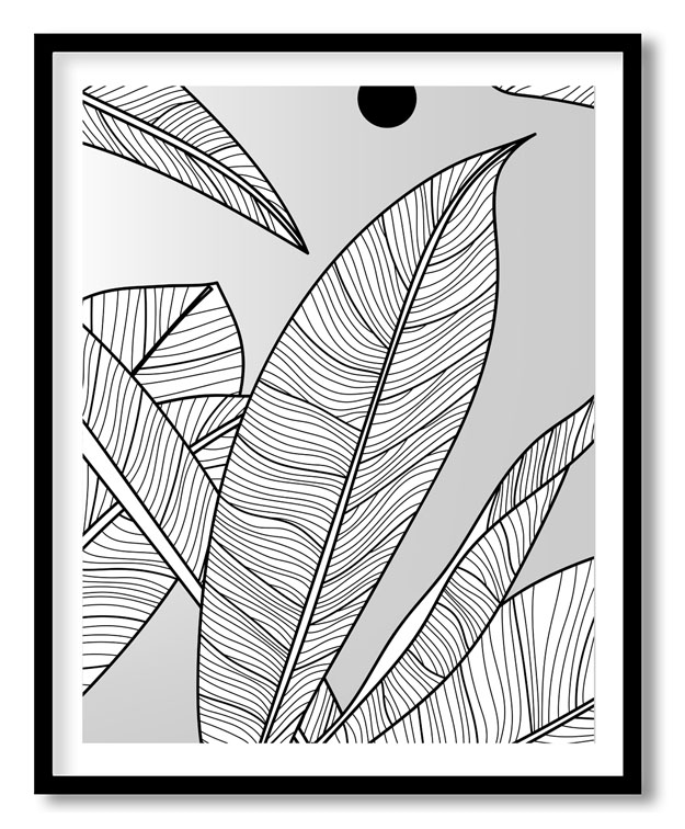 Grayscale black line drawing leaves botanical #11