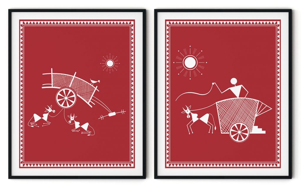 Set of 2 Warli art of bullock cart