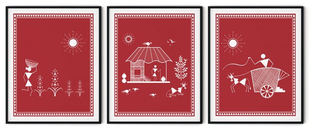 Set of 3 warli art agriculture farming