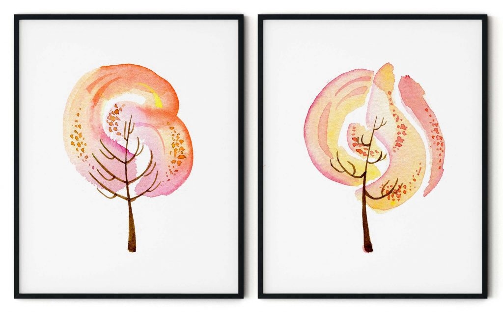 Set of 2 watercolor autumn tree #52