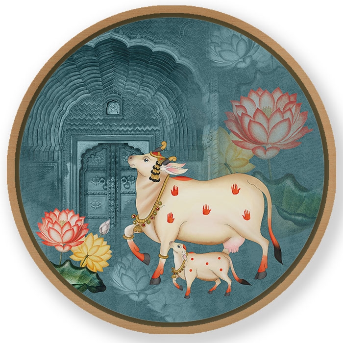 Cow pichwai painting - Circular Wooden Frame