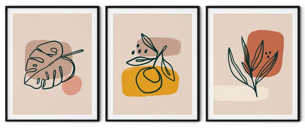 Set of 3 line drawing monstera and fruit