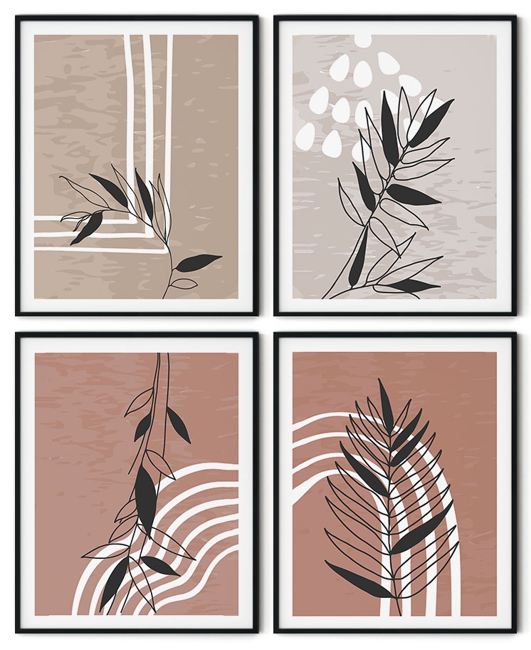 Set of 4 black leaves botanical