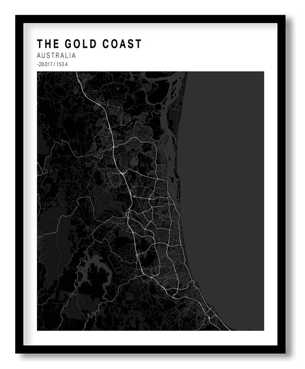 Pantone above black map of The Gold Coast